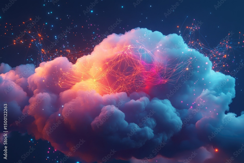 Poster abstract cloud filled with glowing network lines and particles, vibrant colors