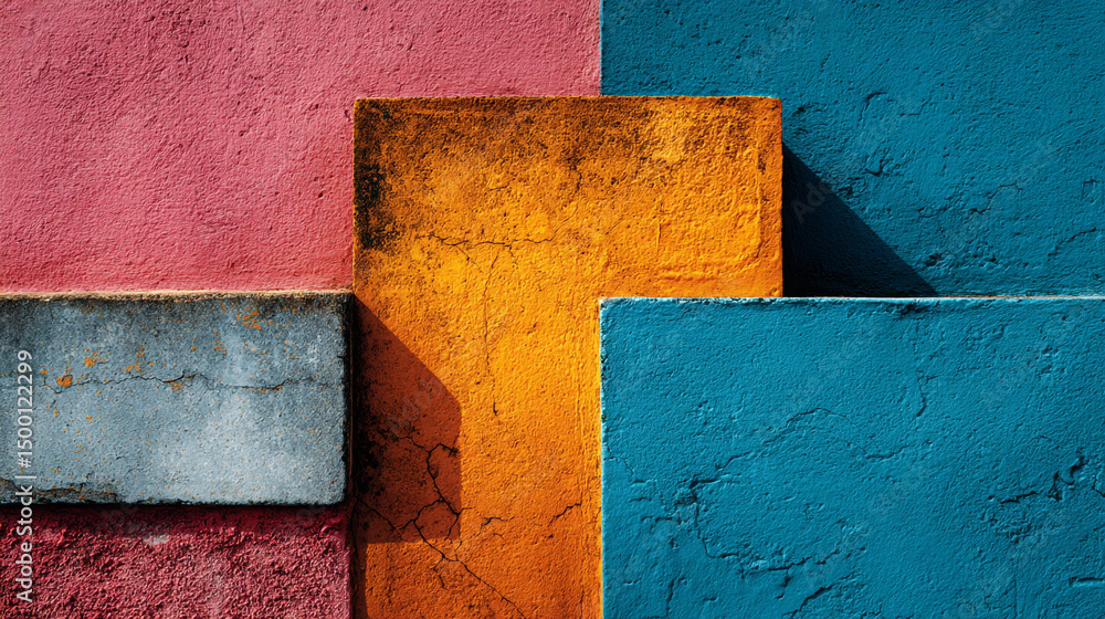 Poster colorful blocks arranged in a staggered pattern with textured surfaces and shadow play on the wall