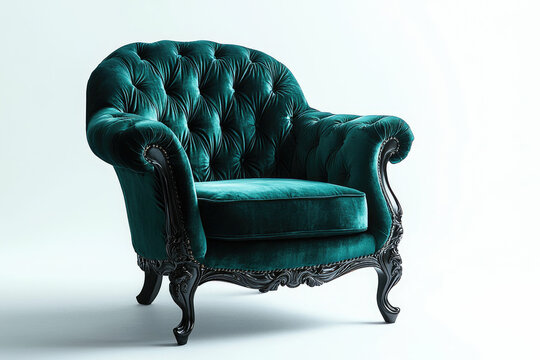 Elegant teal velvet armchair with ornate dark wood frame, button-tufted design.