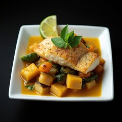Seared white fish in broth with vegetables and lime