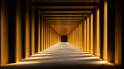Perspective view of a long corridor with golden columns and light reflecting on the floor surface