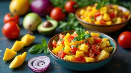 Fresh mango cubes with mint in black bowl