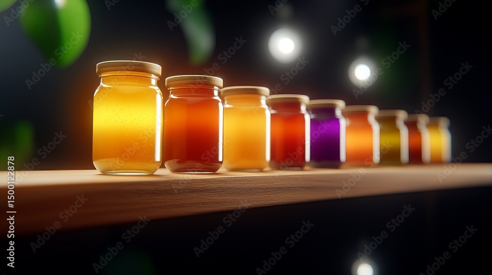 Poster various honey jars of different colors rest on a wooden shelf against a blurred background with ligh
