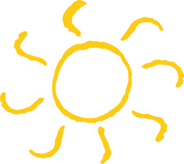 Fototapeta premium Cute yellow sun like kid drawing . Painted with pastel crayons or wax pencil sunny icon. Rough chalk or charcoal texture vector illustration in children style. Summer sky symbol. Design elements