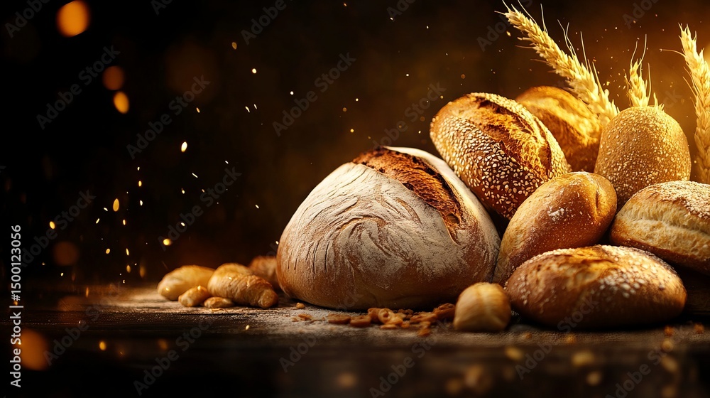Poster various breads are displayed on the table with wheat and illuminated by warm, golden light.