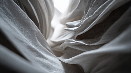 Close up shot of flowing white fabric with soft folds and highlights creating a dynamic texture