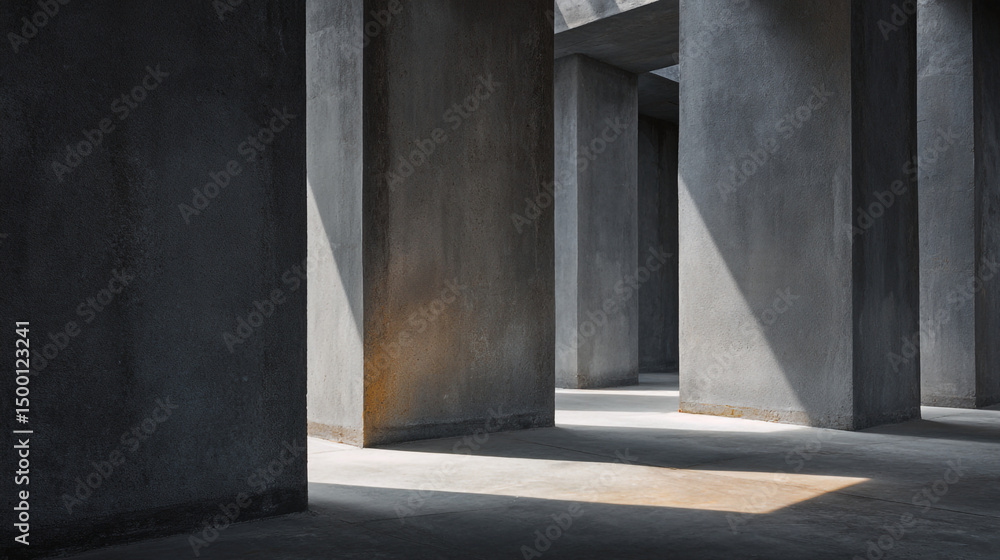 Poster a view of concrete pillars casting shadows in a minimalist architectural space with light patches