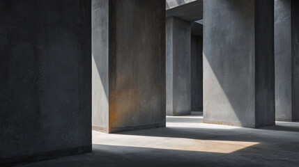 A view of concrete pillars casting shadows in a minimalist architectural space with light patches