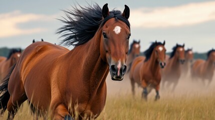 Obraz premium A group of horses gallops through a golden field, their manes flowing in the wind under a beautiful sunset. Dust rises as they enjoy the openness and freedom of nature.