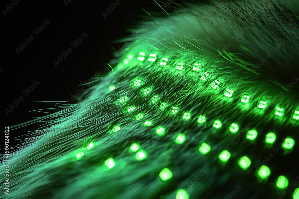 Poster glowing green led lights embedded in fluffy fur, creating a futuristic, vibrant texture.