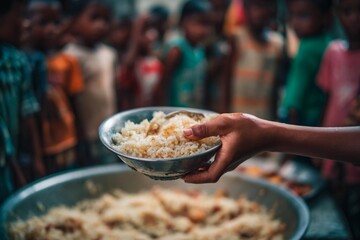 A hand offers a bowl of rice to hungry children gathered for a community meal. The event takes place in a rural setting, focused on feeding those in need