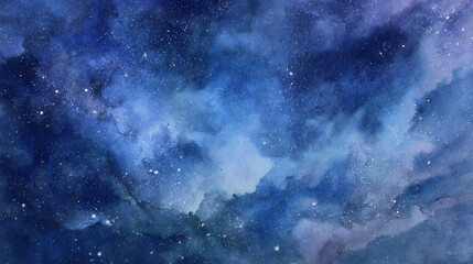Artistic depiction of a celestial sky with blue hues and scattered white stars and cloud formations