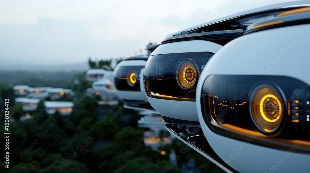 Poster several advanced drone-like vehicles are positioned in an urban setting during twilight. the glowing