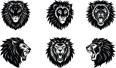 Obraz premium Angry black lion head face silhouette vector art, logotype, icon, lion face mascot set