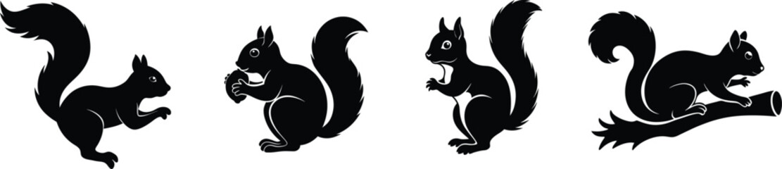 Simple set of Squirrel silhouette vector art, jumping, squirrel with acorn, squirrel on a tree branch © Abid