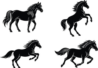 Black horse silhouette vector art illustration set in different poses isolated on white background