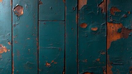 Fototapeta premium Wooden wall with a green paint job. The wall has a lot of peeling paint, giving it a worn and aged appearance. The green color of the wall contrasts with the brown wood, creating a sense of depth