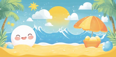 Cute cartoon beach scene with happy character enjoying summer vacation