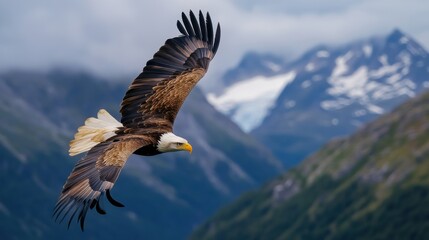An eagle glides gracefully through the air, showcasing its wingspan against a backdrop of snow-capped mountains and a cloudy sky. The scene captures the essence of freedom in nature.