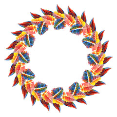 round frame of leaves drawing with colored pencils isolated illustration on a white background