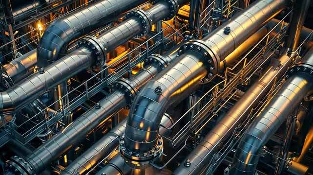 Close-up view of industrial pipes in a factory setting. The metallic pipes are interconnected, with glowing lights reflecting off their surfaces. The scene conveys a sense of modern engineering and te