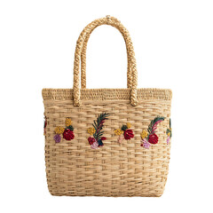 Bohemian Straw Tote Bag with Artistic Woven Details Isolated on Transparent Background