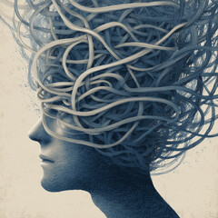 abstract illustration of overthinking, tangled lines around a human head, symbolic mental overload, emotional chaos, blue and gray tones