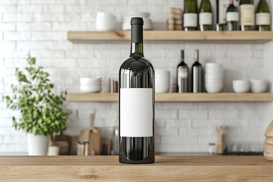 Blank label wine bottle on wooden countertop in modern kitchen with shelves of bottles