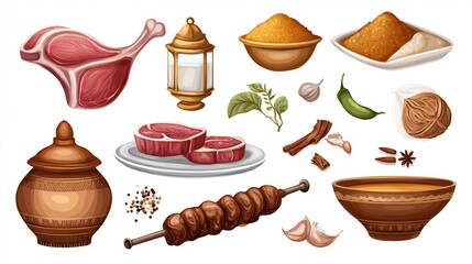 Culinary ingredients and elements of Middle Eastern cuisine arranged on white background