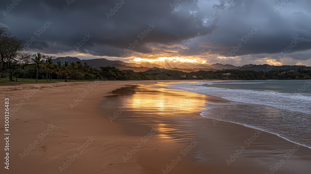 Poster Beach with a cloudy sky and a sunset in the background. The sky is dark and the sun is setting, creating a moody atmosphere