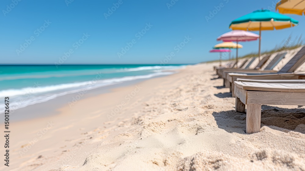 Leinwandbilder beach with a row of colorful umbrellas and lounge chairs. the beach is empty and the sky is clear