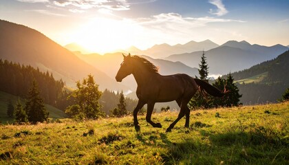 Obraz premium Majestic Horse Running Free in Mountain Sunset Landscape