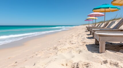 Obraz premium Beach with a row of colorful umbrellas and lounge chairs. The beach is empty and the sky is clear