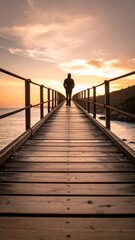 Obraz premium Man standing on a long bridge or road, loneliness and meditation concept