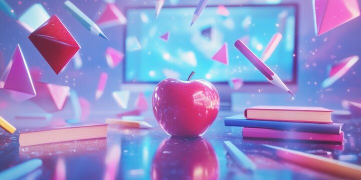 Colorful, floating geometric shapes and school supplies