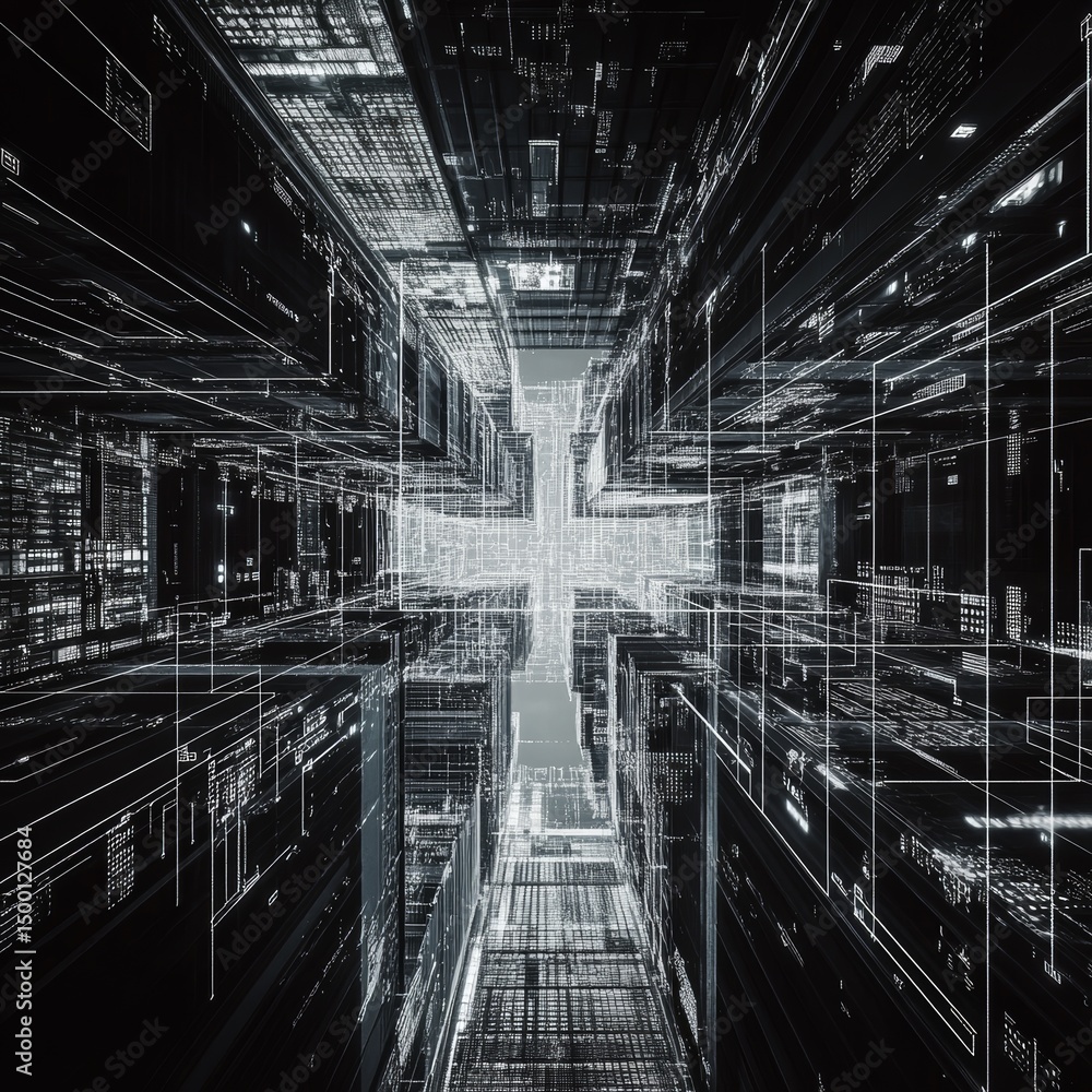 Aufkleber exploring the intricate web of digital architecture in a futuristic urban landscape filled with towe