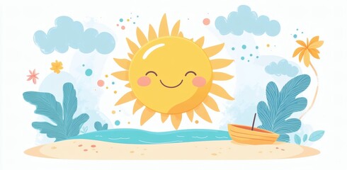 Happy Summer Day on the Beach with Smiling Sun and Boat