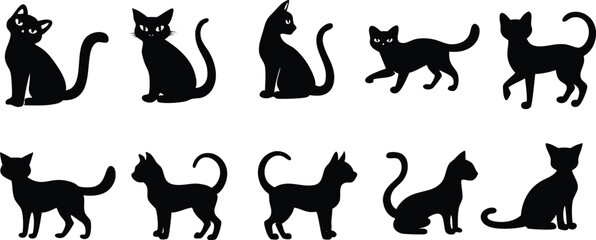 Black cats set in hand drawn vector illustration silhouette in different styles, vector clipart on white background