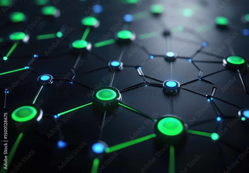 Poster abstract network of interconnected nodes with glowing green and blue lines