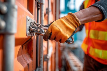 A worker in a safety vest uses pliers to secure a cargo container at a shipping yard. It is daytime and the environment is busy with logistics activity