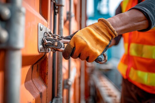 A worker in a safety vest uses pliers to secure a cargo container at a shipping yard. It is daytime and the environment is busy with logistics activity