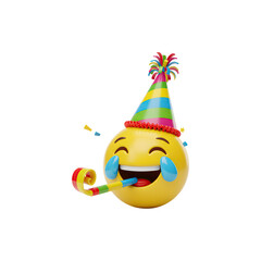 Laughing emoji with streamers and party hat