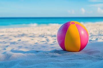 Obraz premium Colorful rubber beach ball resting on warm sandy beach by clear blue ocean