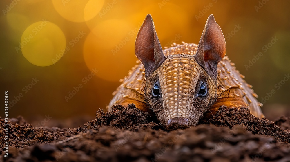 Poster armadillo burrows into dark soil, its patterned shell visible against an orange and brown bokeh back