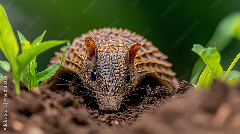 Poster armadillo looks directly at the viewer while partially hidden in the dark soil surrounded by young g