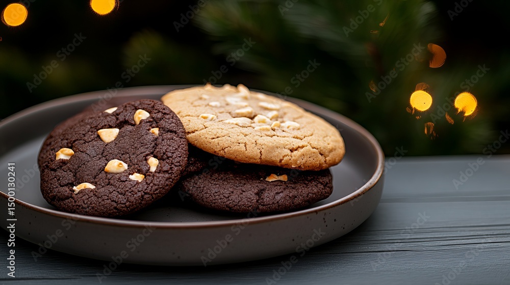 Poster assorted chocolate and peanut butter cookies sit on a gray plate placed on a painted wooden table wi