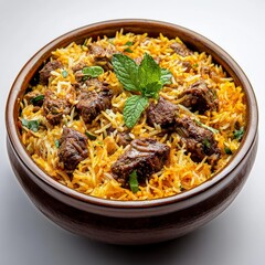 Savor Delicious Rice Dish With Tender Chunks of Meat and Fresh Herbs in a Beautiful Bowl