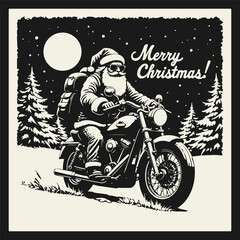 Vintage woodcut style black and white vector of Santa Claus on a motorcycle with backpack and sunglasses, riding through snowy forest with "Merry Christmas" handwritten text behind.