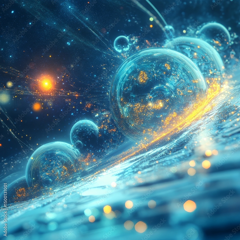 Poster cosmic orbs float energetically through an ethereal universe, illuminating the dark void with shimme