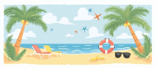 Summer beach scene with palm trees and lounge chairs cartoon